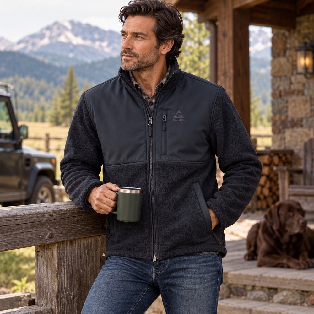 Gerry Mens‎ Full Zip Fleece Jacket Black Hybrid Softshell FG8116 Small New